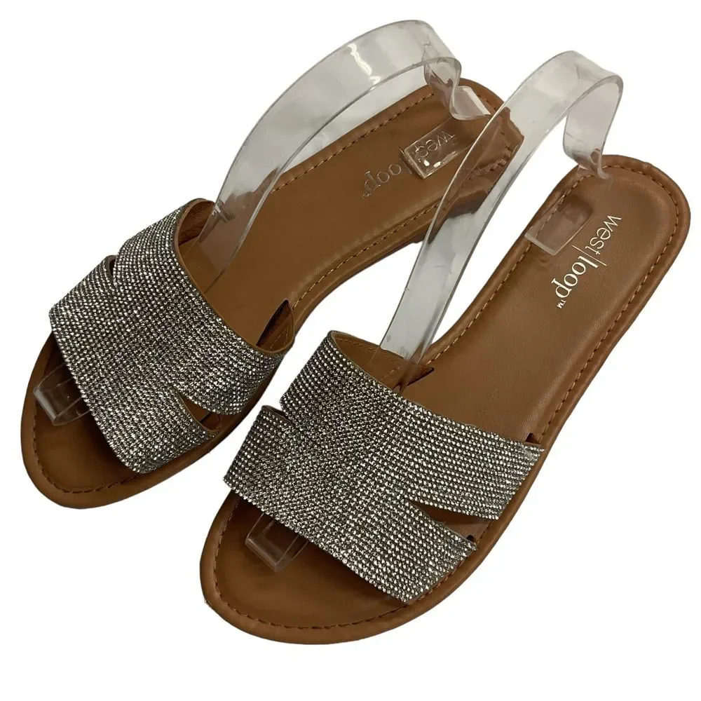 West Loop‎ Women's Rhinestone Slide Sandals Sz L 9/10 Silver Slip On Open Toe